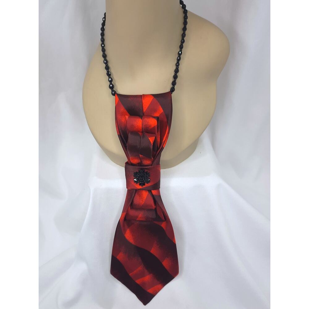 Vintage Red Silk Tie Pendant Black Glass Beaded Necklace Jewelry Accent NEW
